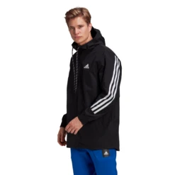 Adidas Men's 3 Stripes Tape Jacket (Black/White) -Ball Games Store GM5752 APP on model standard white