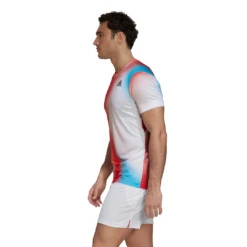 Adidas Men's Melbourne FreeLift Printed Top (White/Vivid Red/Black) -Ball Games Store H67126 APP on model side white
