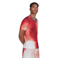 Adidas Men's Melbourne FreeLift Printed Top (White/Vivid Red/Black) -Ball Games Store H67126 APP on model walking white